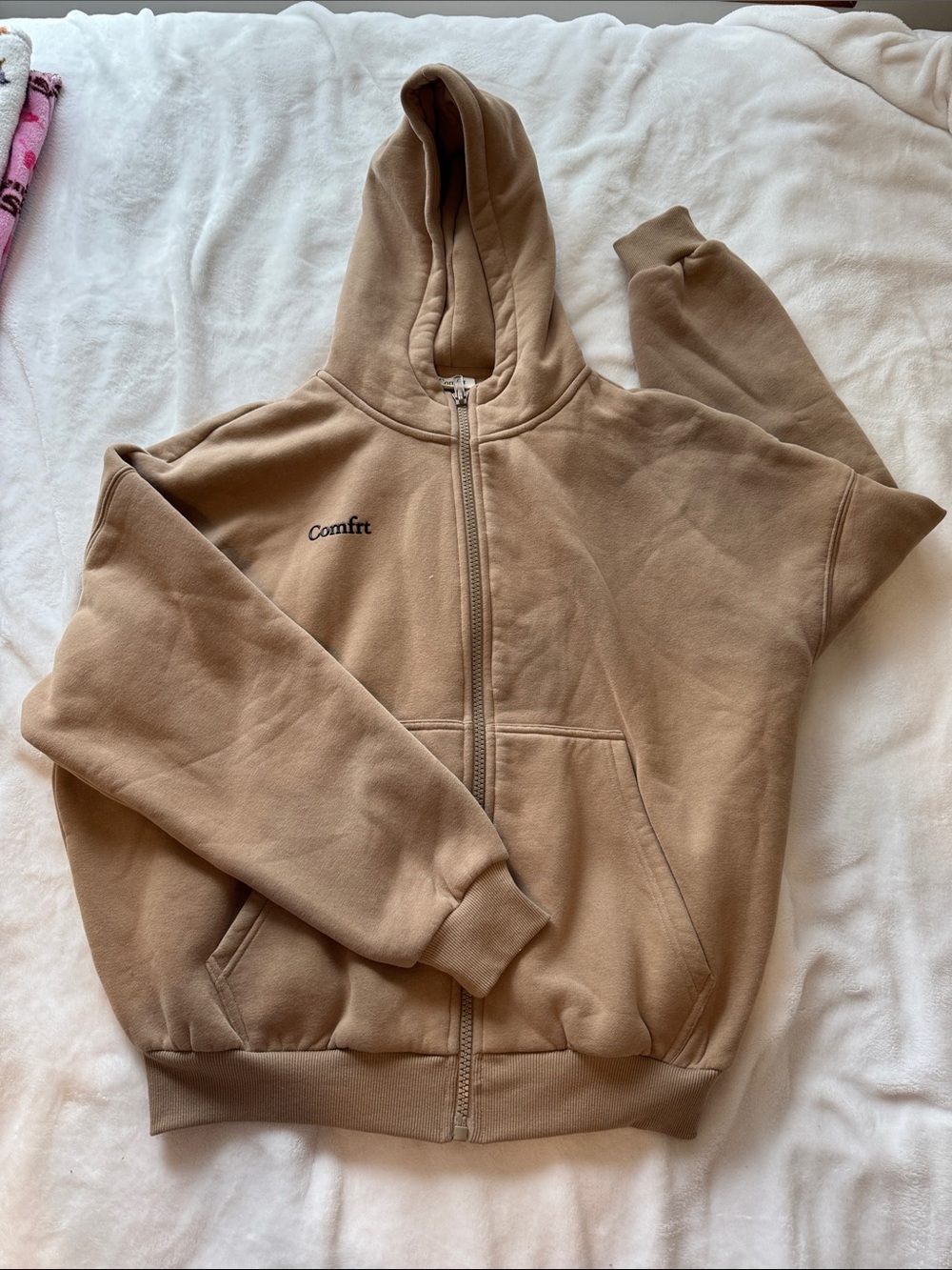 Comfrt Zip-up Hoodie Jacket in Tan Oversized XS